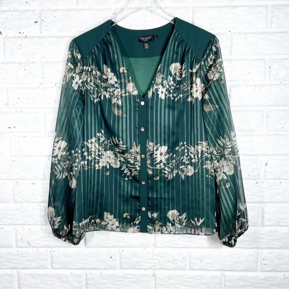 TED BAKER Eveliin Green Floral Blouse with Metallic Threads and sheer sleeves 2 - Picture 1 of 11